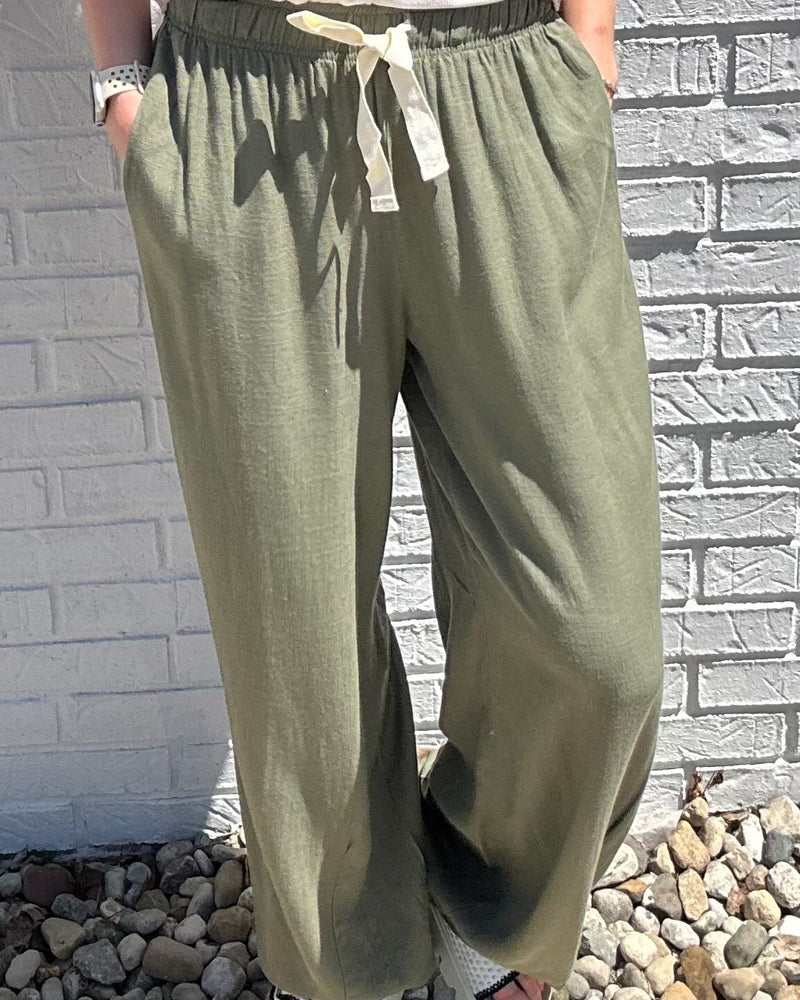 Linen Drawstring Pants-Lt Olive