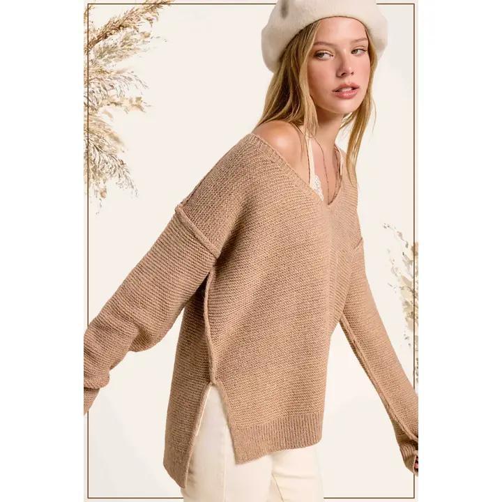 High-Low V-Neck Sweater - Peanut Butter