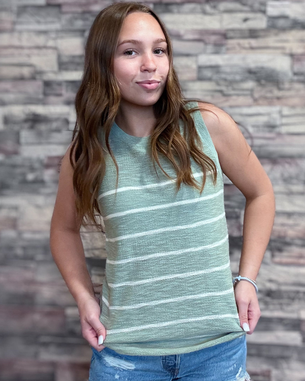Cotton Slub Striped Knit Tank-Sage