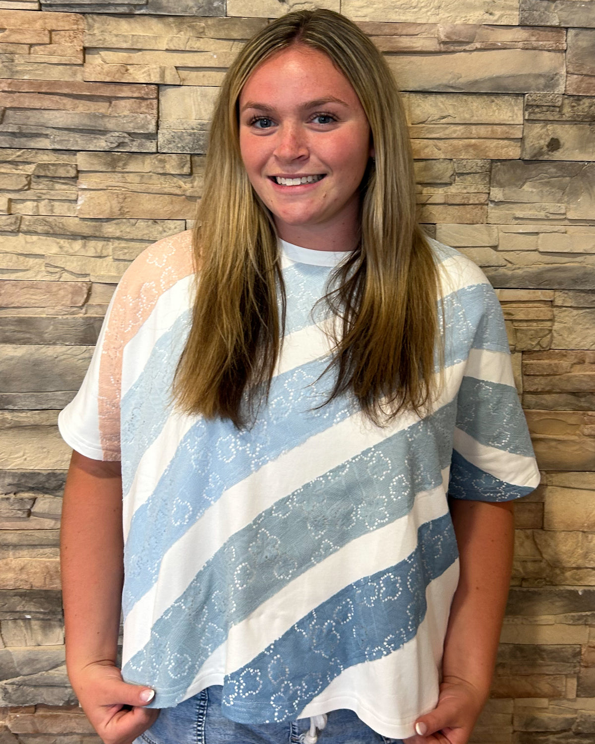 Striped Oversized Tee with Vintage Flower Print-Blue