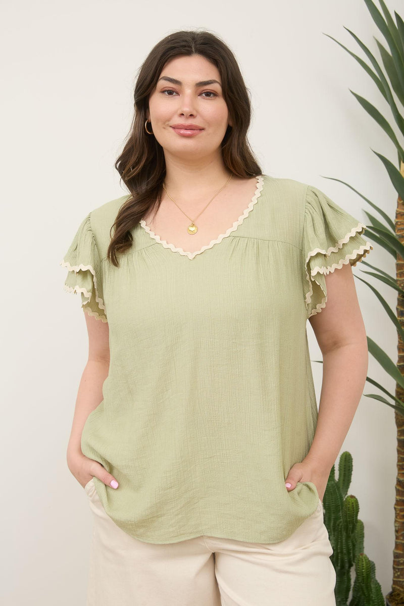 Plus V-Neck Wavy Trim Ruffle Sleeve Top