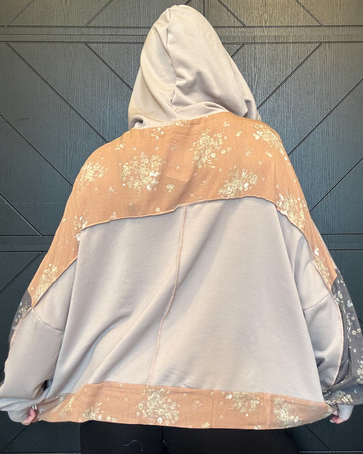 Floral Color Block Oversize Hoodie-Taupe