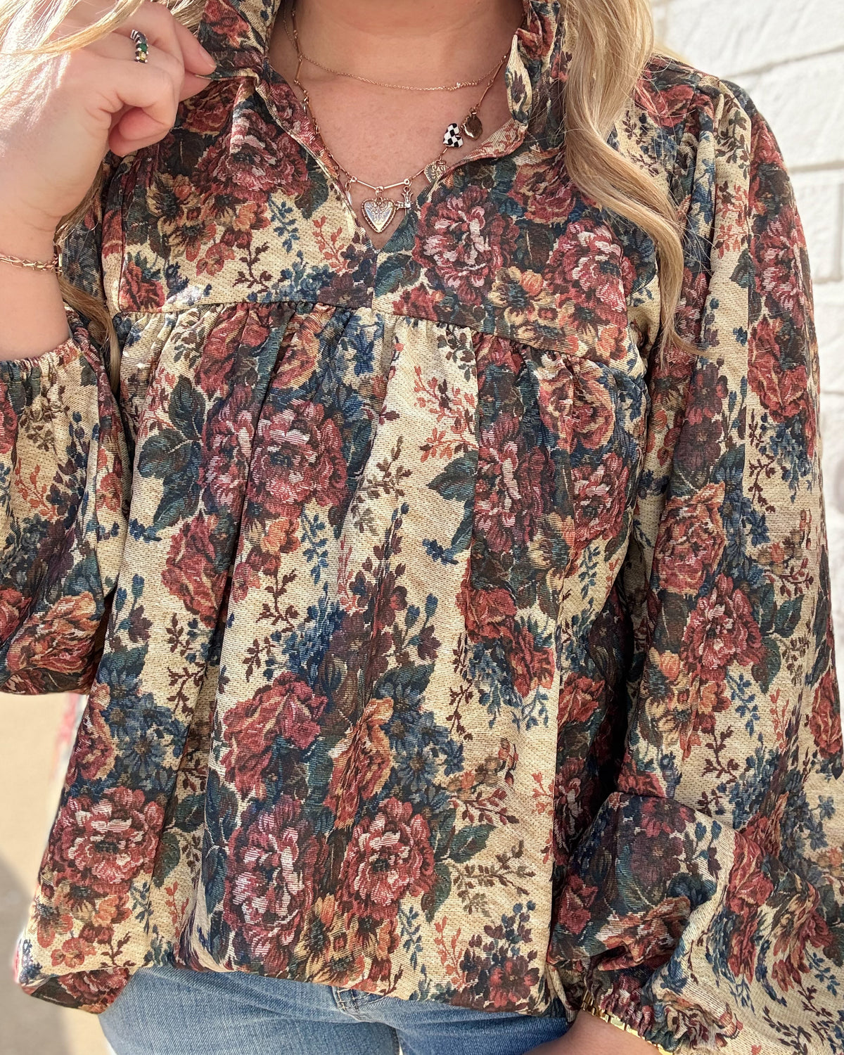 Vintage Taupe/Rust Floral Bubble Sleeve Woven Blouse