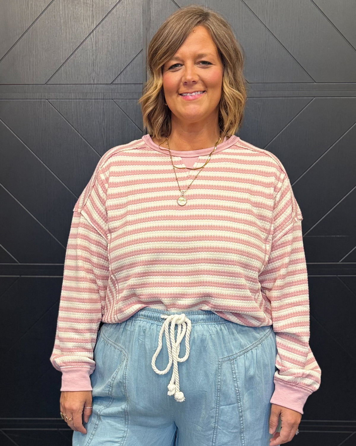 Pink/Cream Stripe Waffle Top