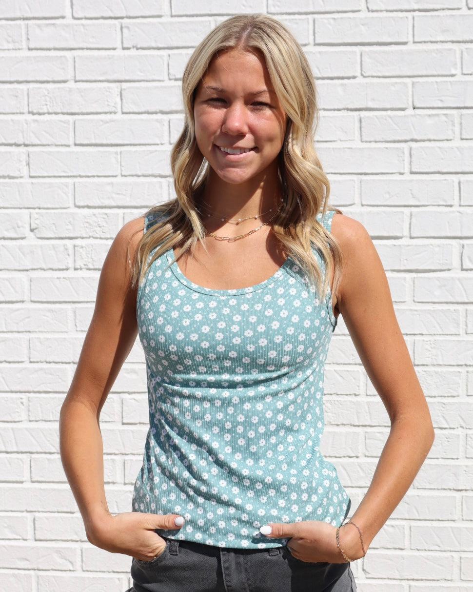 Ditsy Flower Rib Tank - Mint