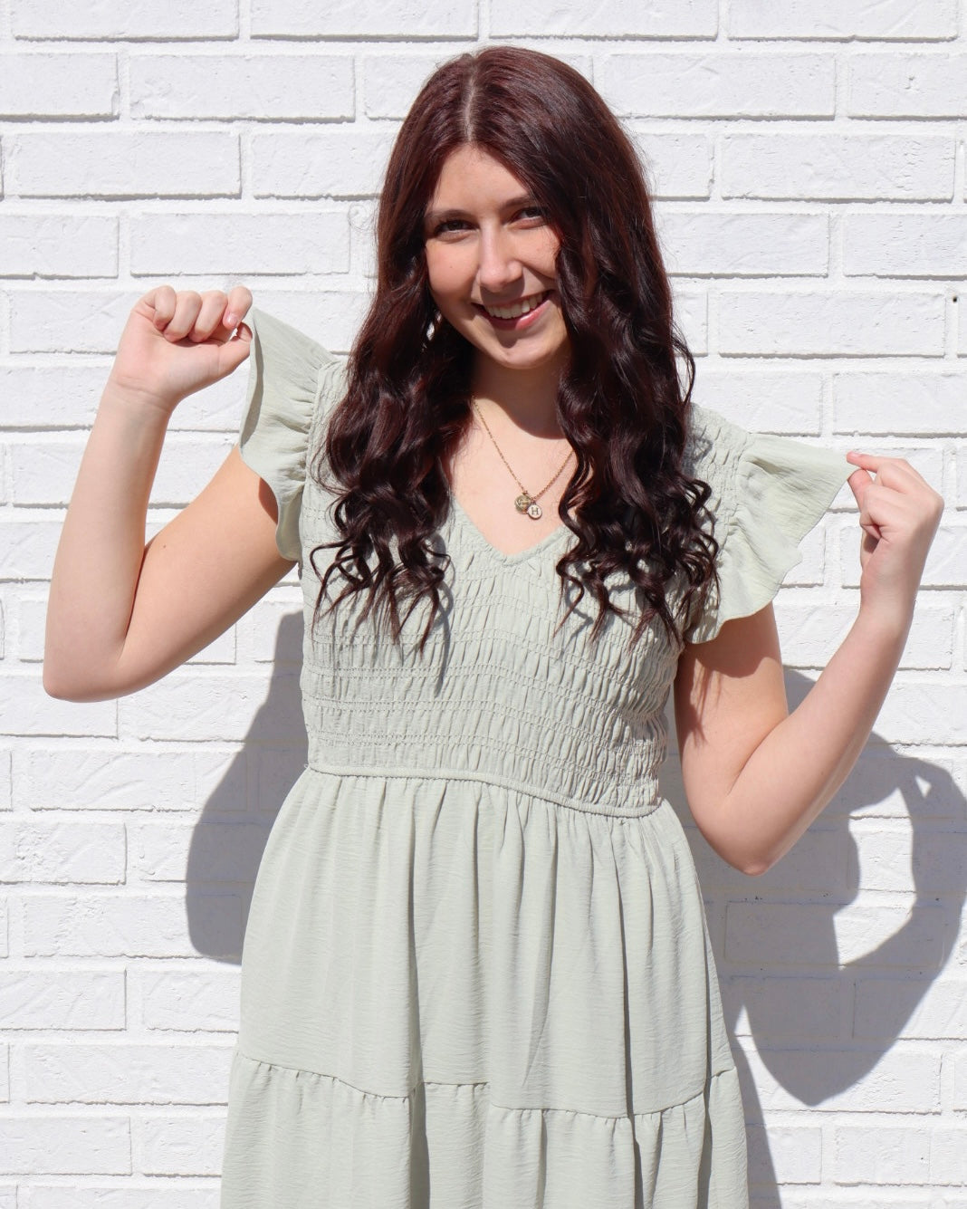 Flutter Sleeve Smocked Midi Dress - Olive