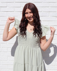 Flutter Sleeve Smocked Midi Dress - Olive