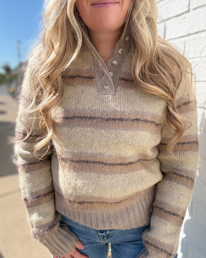 Mocha Wavy Stripe Botton Collar Brushed Sweater