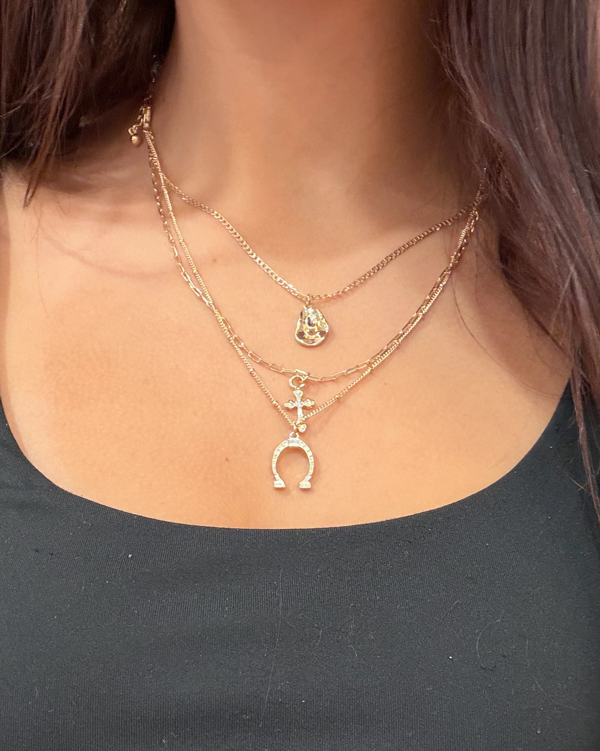 Trio Layer Horseshoe Hat Cross Charm Necklace