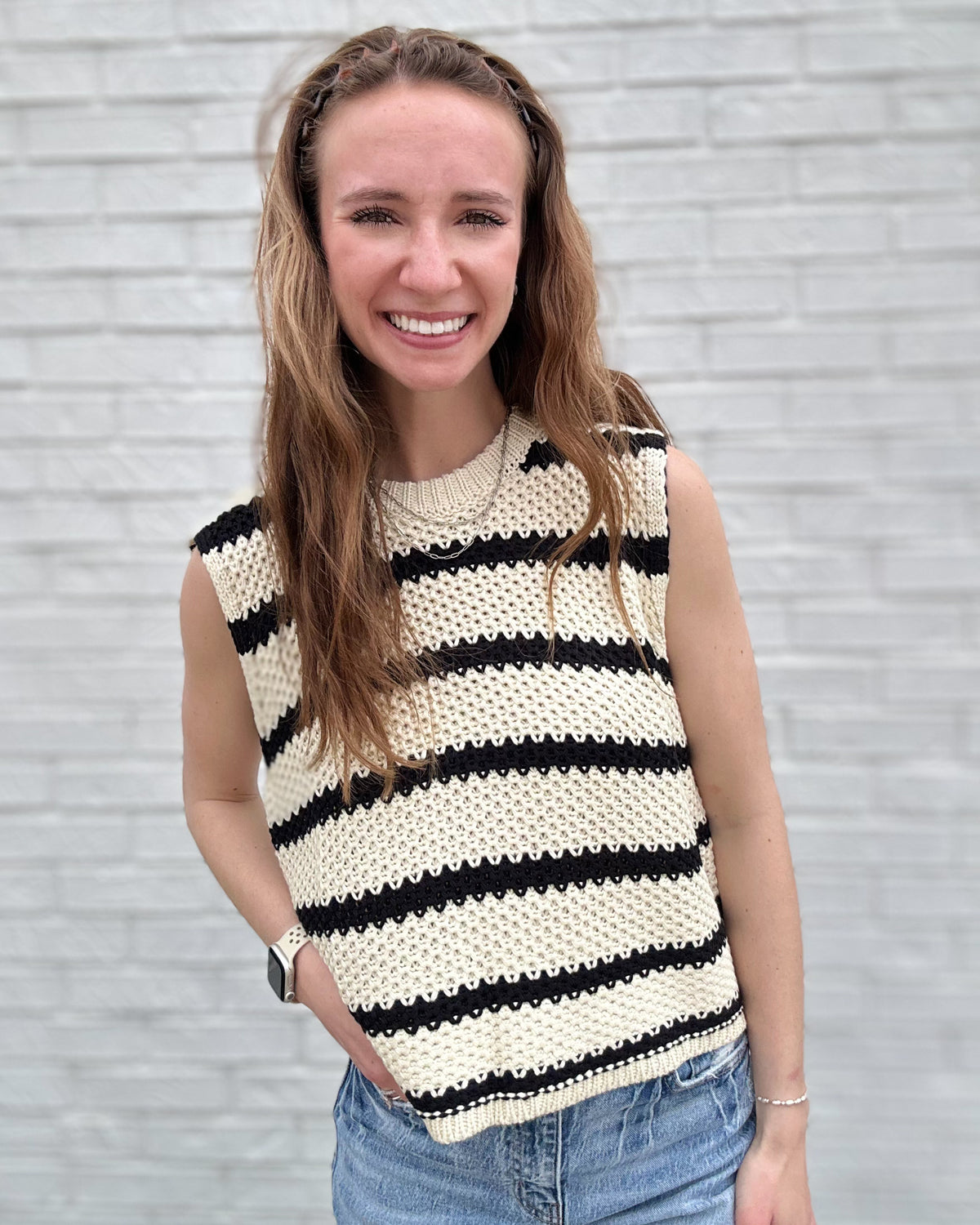Oreo Chunky Striped Mock Crew Neck Sleeveless Sweater Top