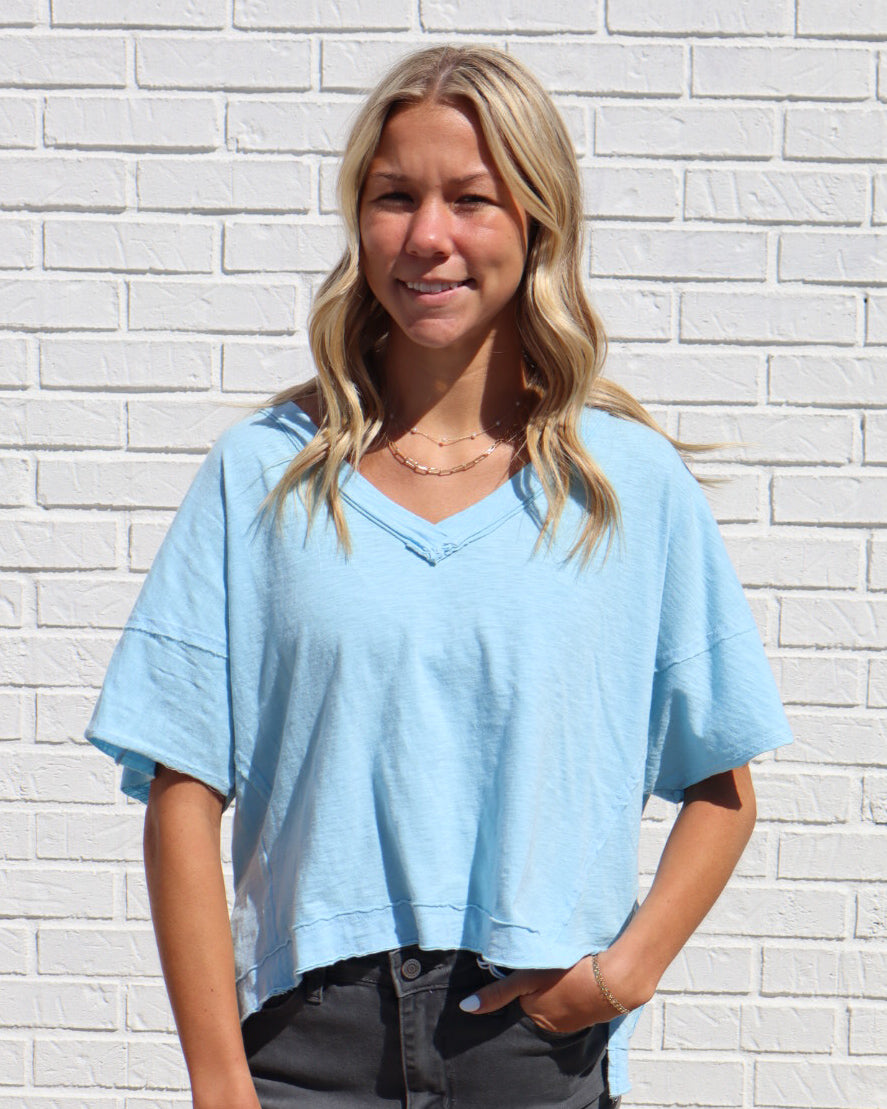 Oversized V-Neck Short Sleeve Top- Blue