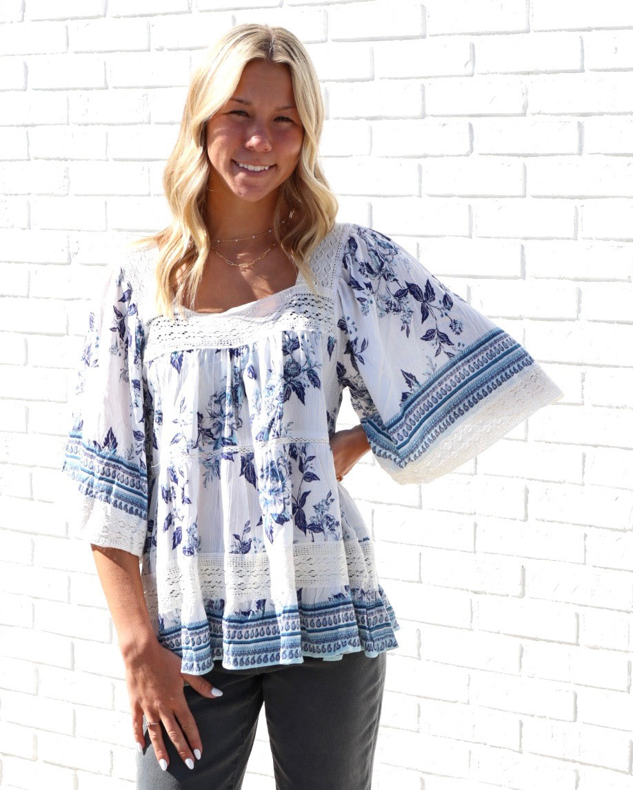Square Neck Lace Trim Floral Print Blouse