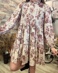 Vintage Taupe Floral Tiered Woven Dress