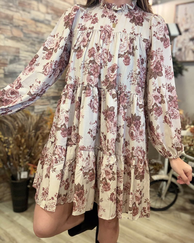 Vintage Taupe Floral Tiered Woven Dress