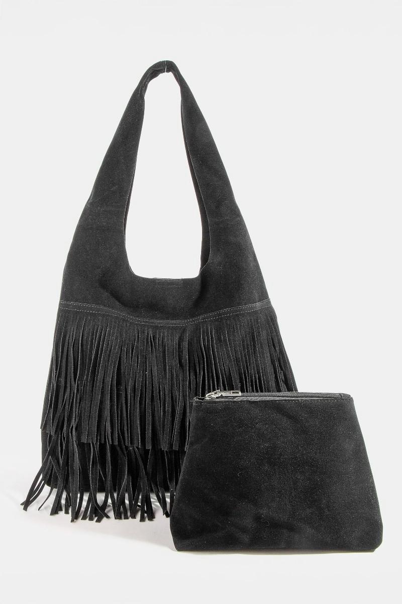 Fringe Detail Suede Hobo Bag