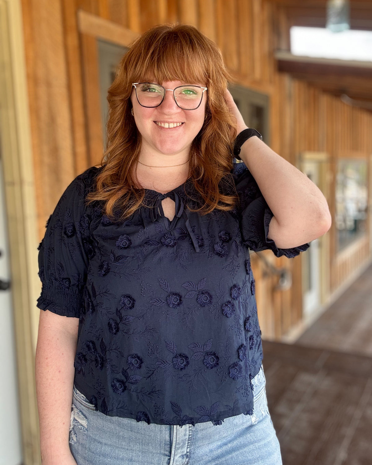 Navy Embroidered 3D Floral Off the Shoulder Blouse