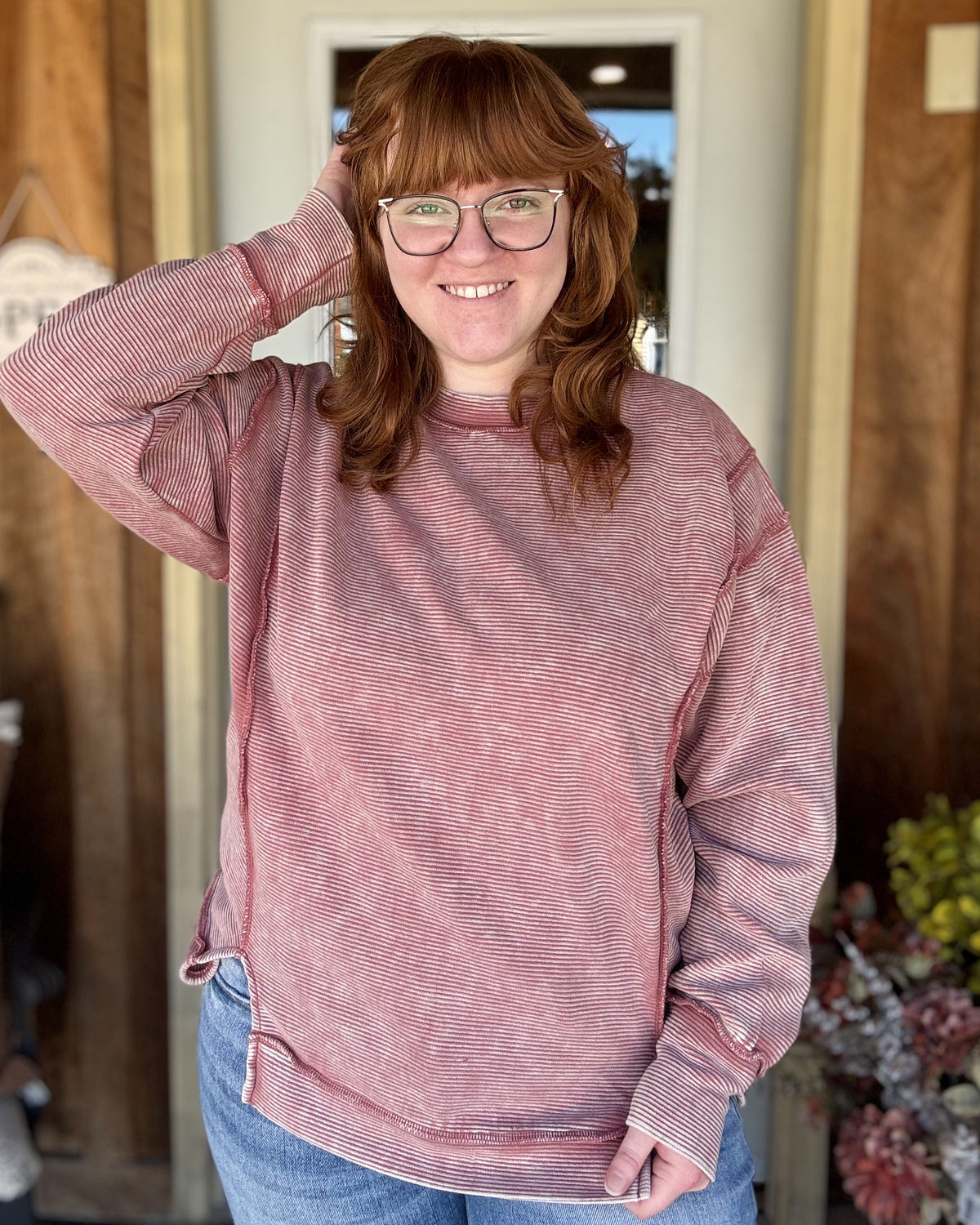 Acid Washed Exposed Seam Pullover-Winter Rose