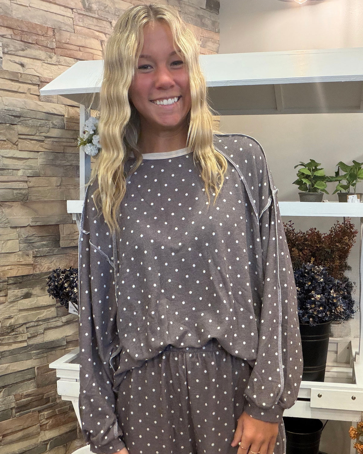 Brown Round Neck Polka Dot Reverse Top