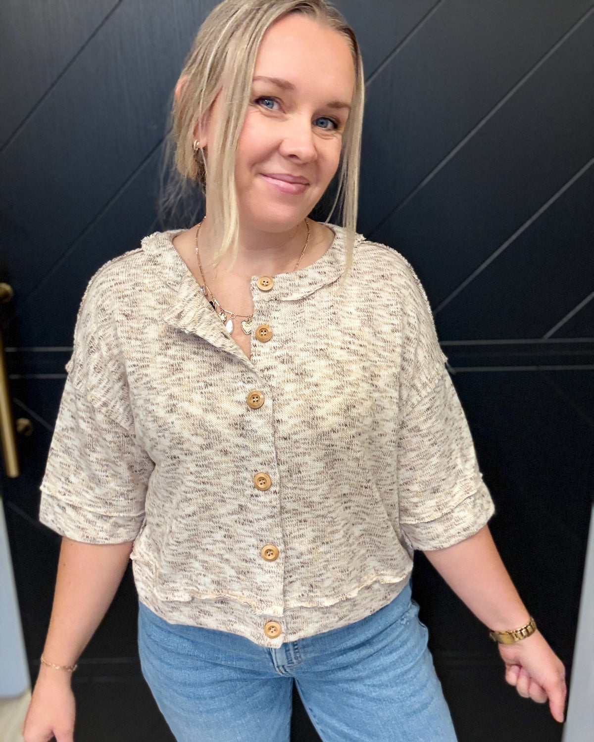 Natural Marled Button Down Short Sleeve Top