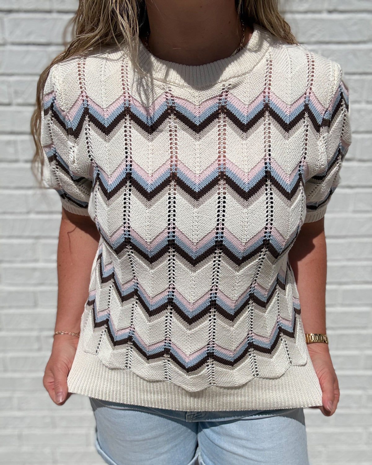Indigo Chevron Stripe Short Sleeve Sweater Top