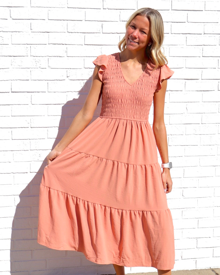 Flutter Sleeve Smocked Midi Dress - Peach