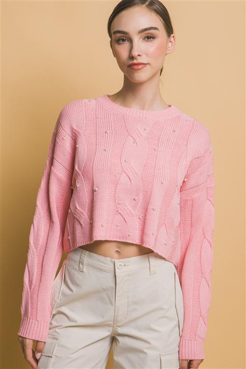 Cable Knit Pearl Sweater - Pink