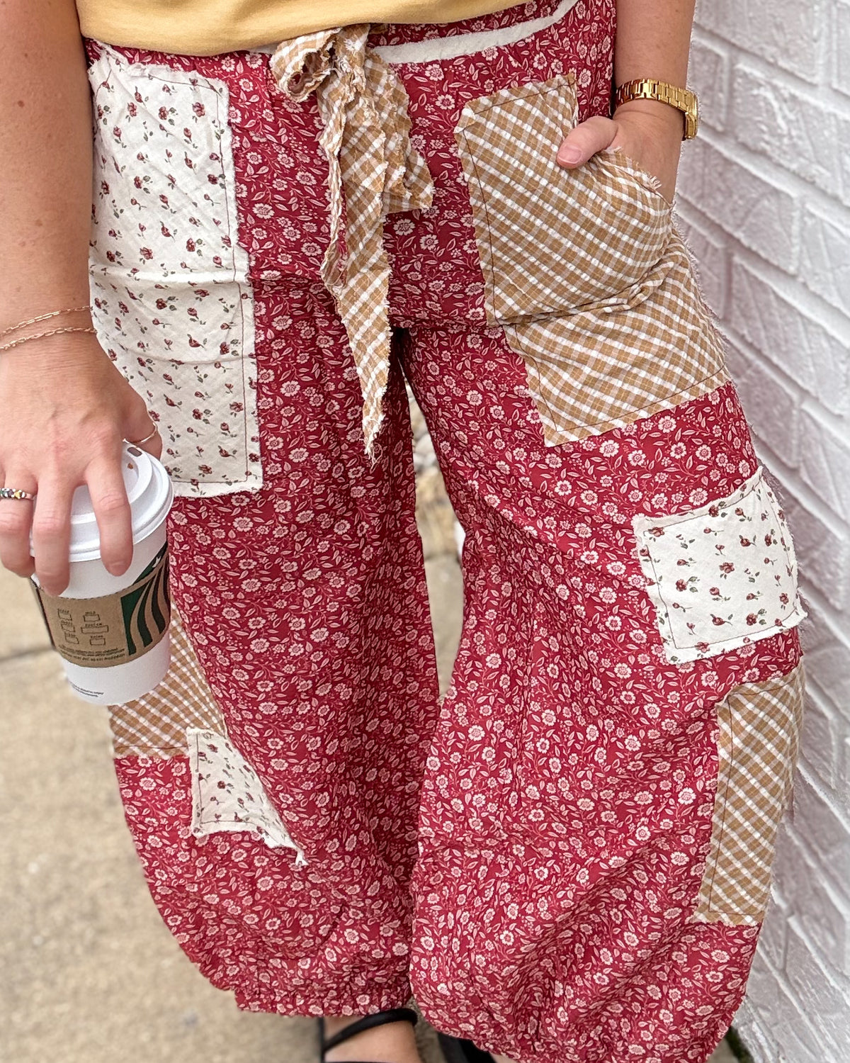 Floral Printed Patchwork Balloon Pants-Chili Pepper