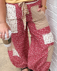 Floral Printed Patchwork Balloon Pants-Chili Pepper