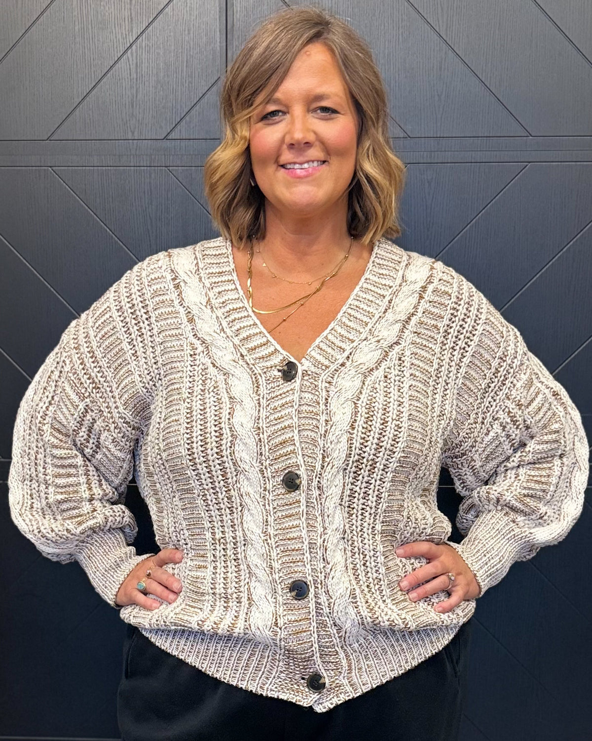 Plus Oatmeal/Brown Button Down Cardigan
