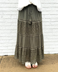 Elastic Waist Maxi Skirt w/ Lace Trim Olive