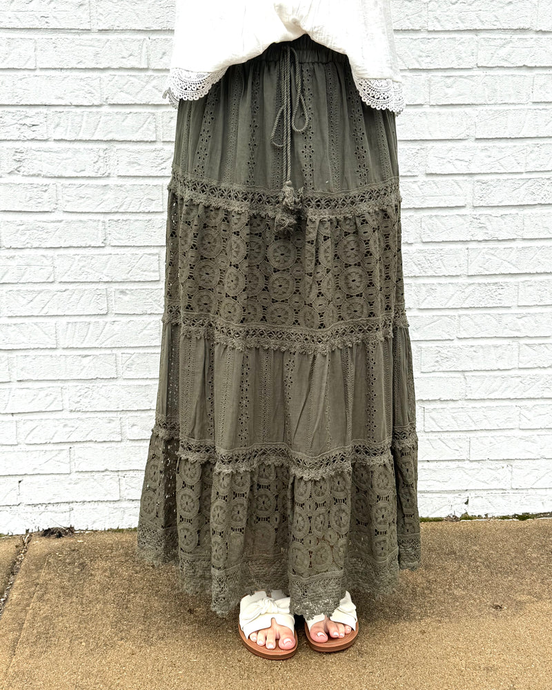 Elastic Waist Maxi Skirt w/ Lace Trim Olive