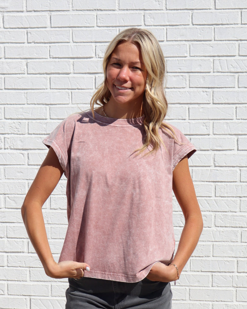 Washed Extended Shoulder Knit T-Shirt - Mauve