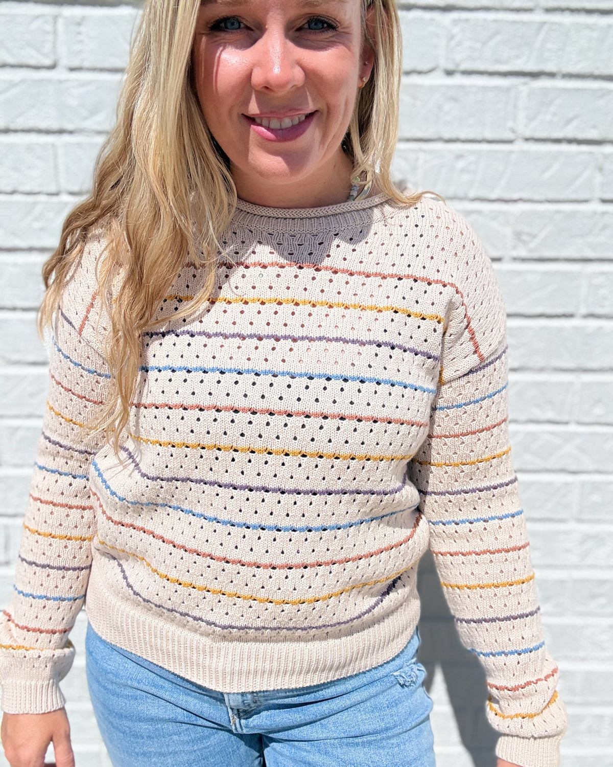 Taupe Drop Shoulder Long Sleeve Crochet Crew