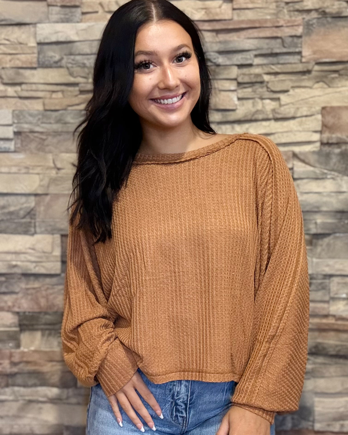Waffle Long Sleeve Top - Ginger