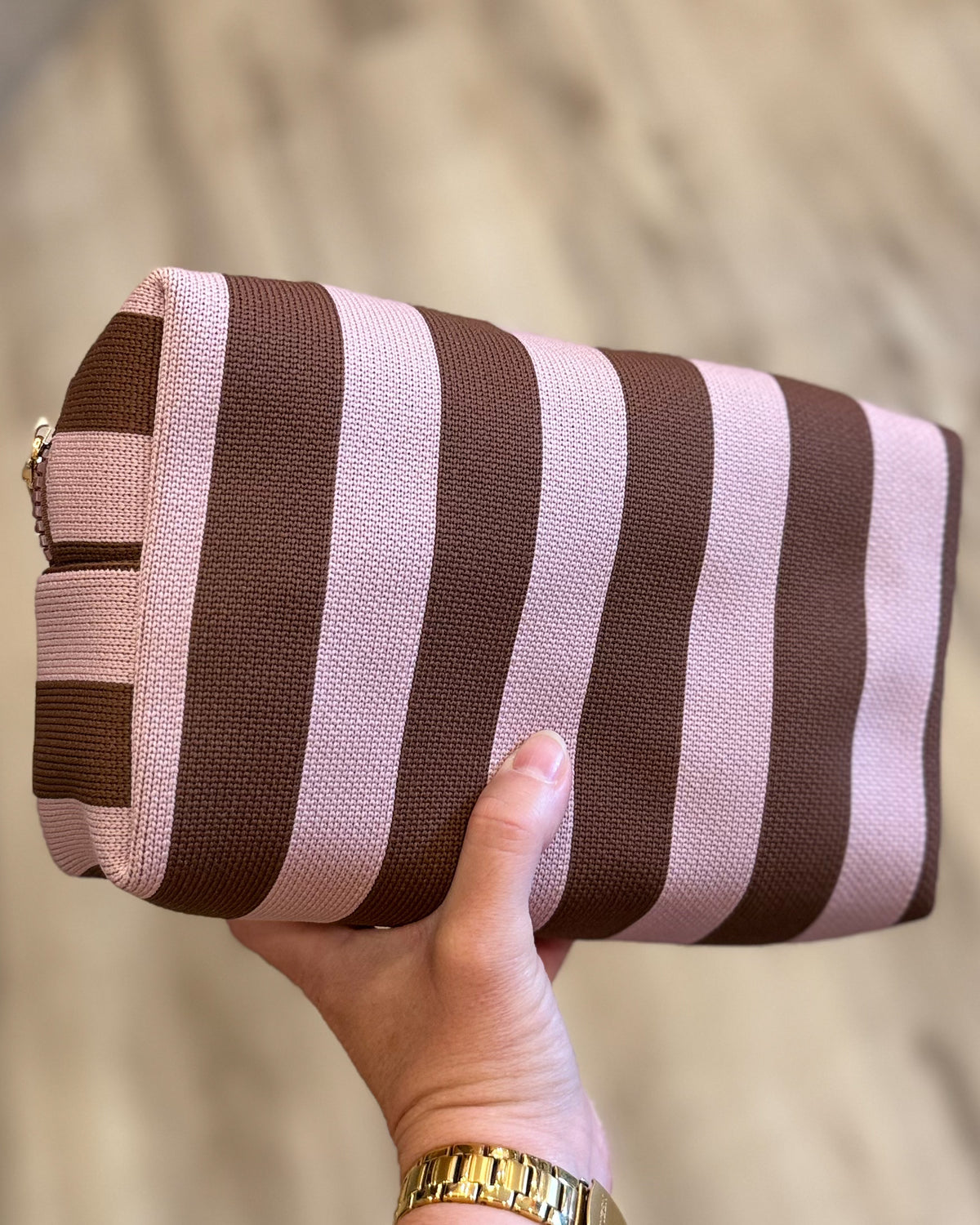 Essential Stripe Cosmetic Bag-Pink/Brown