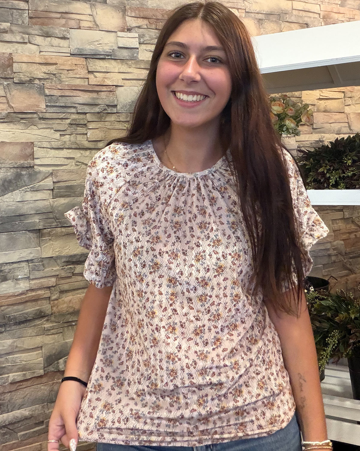 Floral Print Velvet Ruffle Sleeve Top-Beige