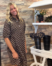 Polka Dot Brown/Ivory Twill Puff Sleeve Mini Dress