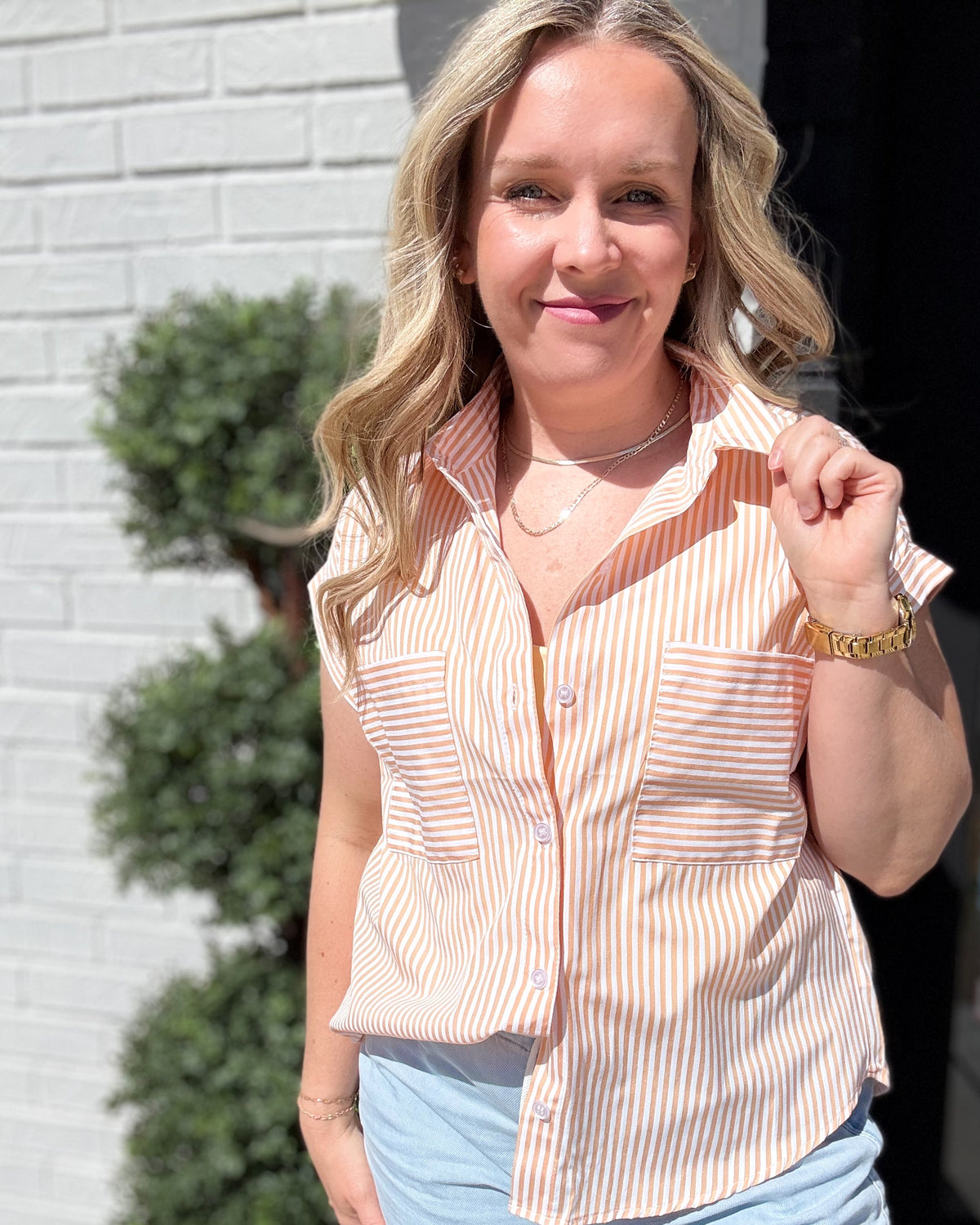 Button Up Striped Shirt- Orange