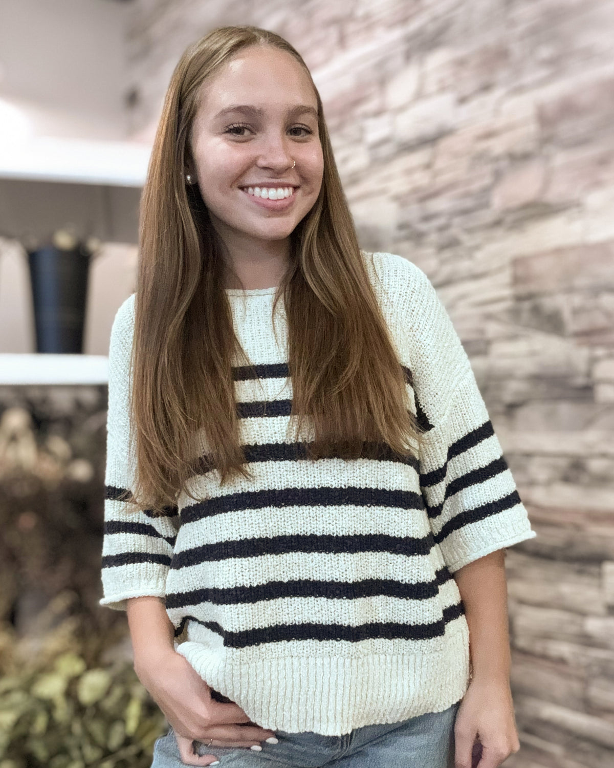 Navy Stripe Textured Half Sleeve Sweater