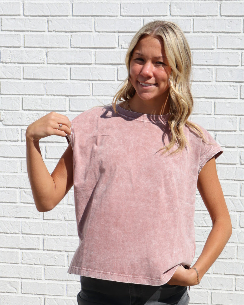 Washed Extended Shoulder Knit T-Shirt - Mauve