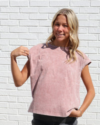 Washed Extended Shoulder Knit T-Shirt - Mauve