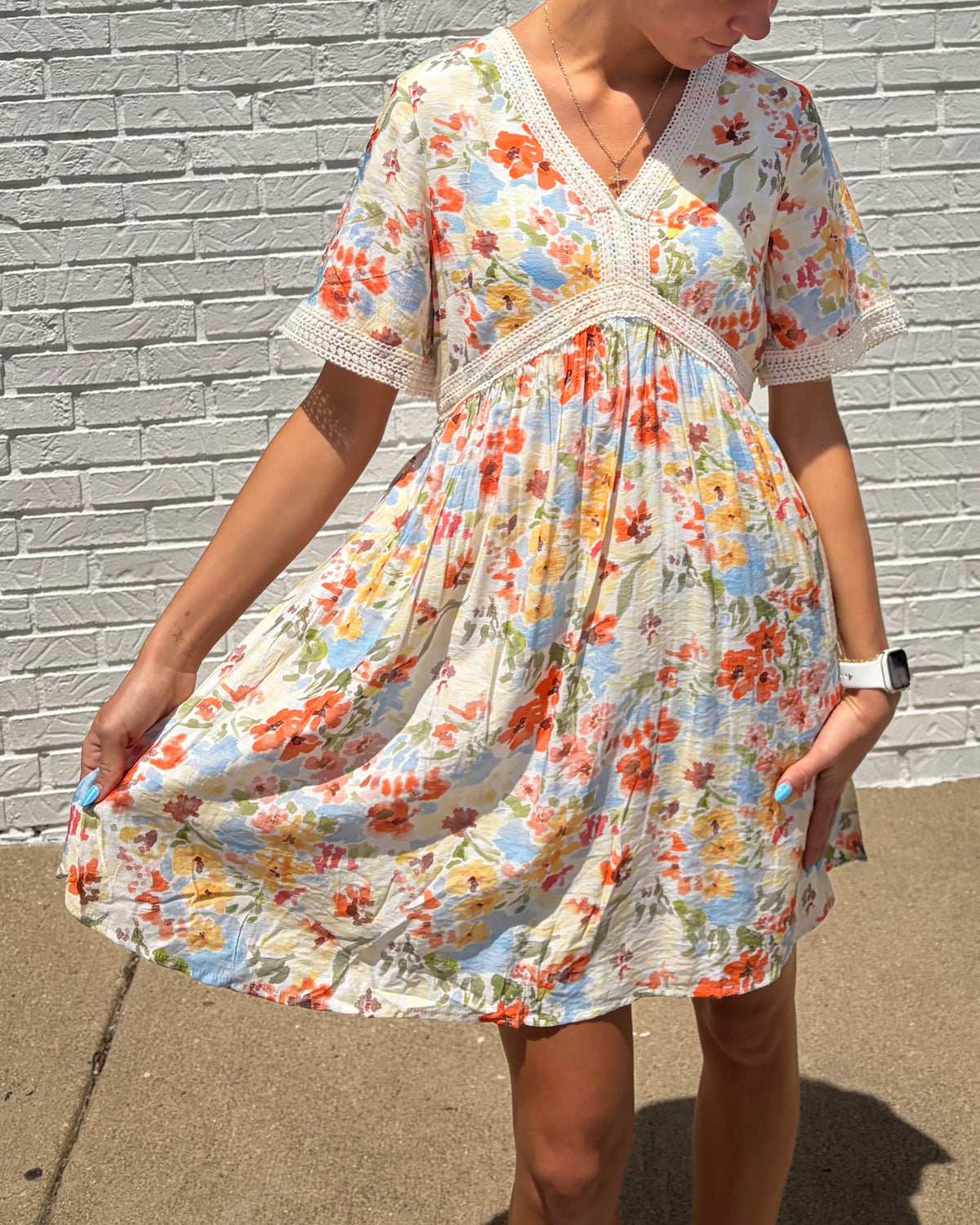 Lace Trimmed Floral V Neck Dress-Coral Mix