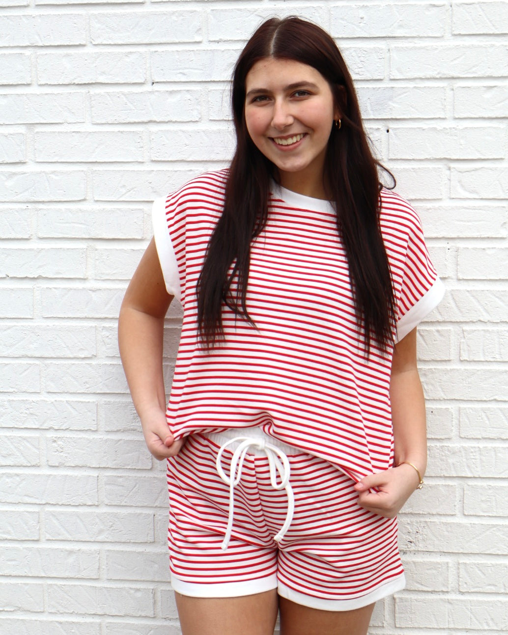 Stripe Contrast Trim Top & Shorts Set- Ruby