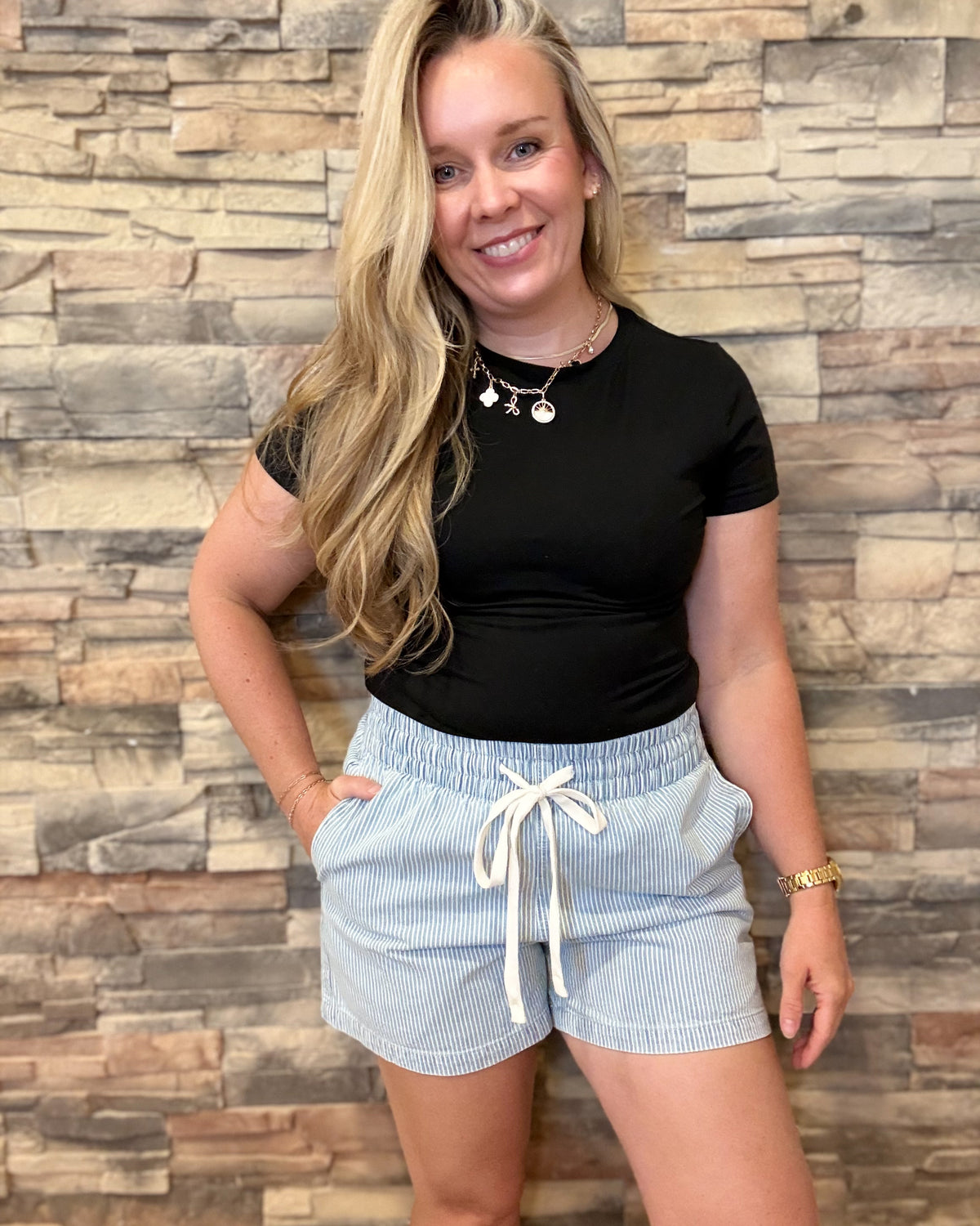 Sky Blue Stripe Drawstring Elastic Denim Shorts