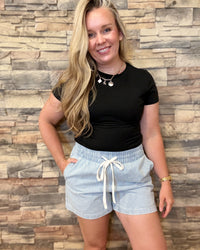Sky Blue Stripe Drawstring Elastic Denim Shorts