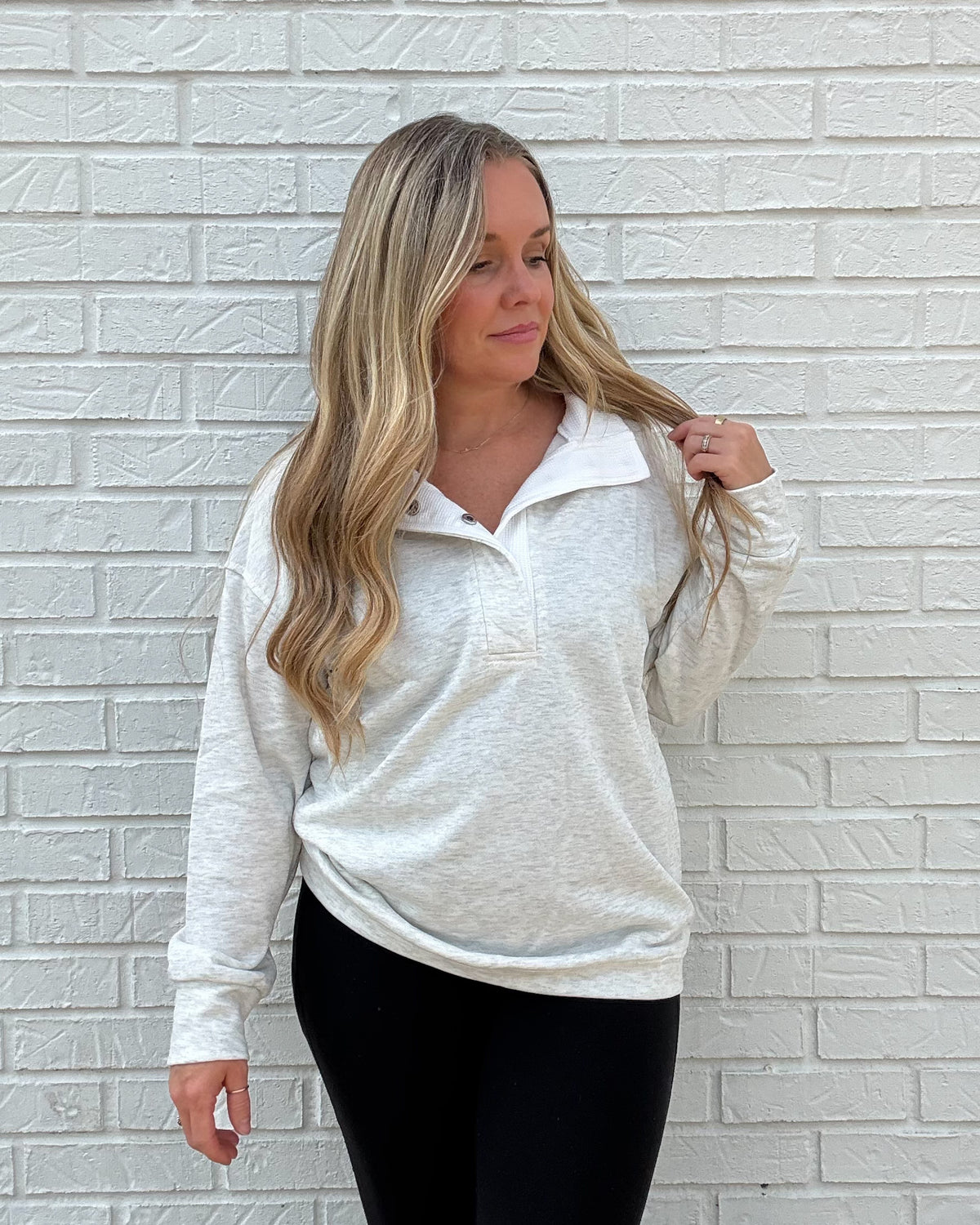 Light Gray Oversized Snap Collar Fleece Sweatshirt
