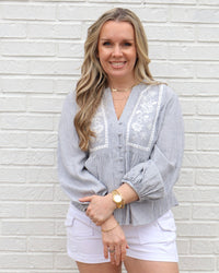 Embroidery Peasant Blouse- Denim