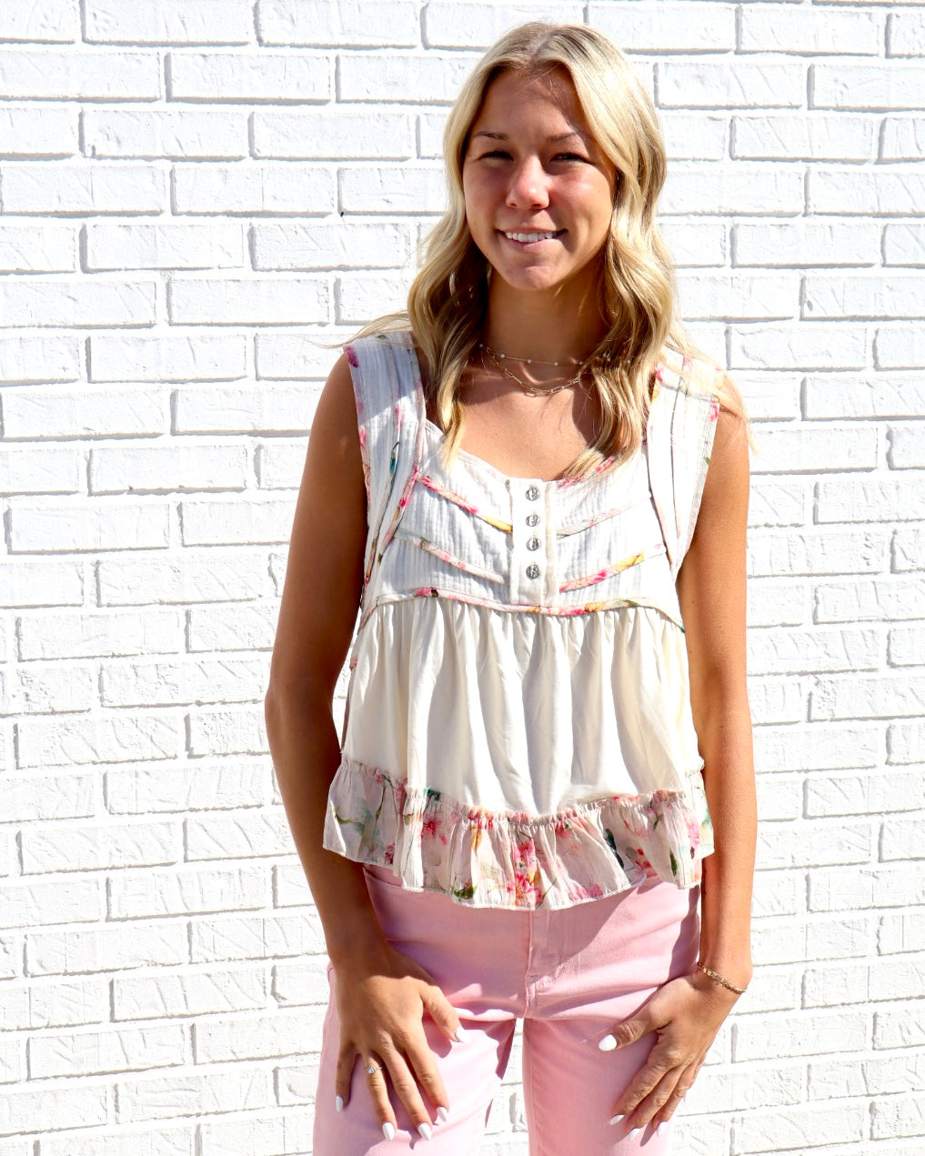 Floral Trim Boho Tank - Natural