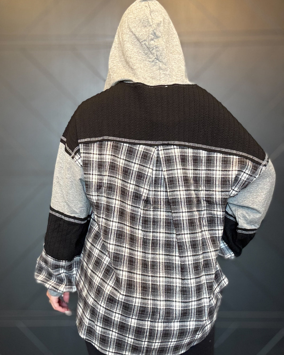 Grey Plaid Contrast Hoodie Pullover
