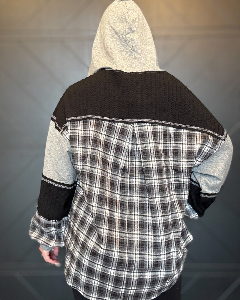 Grey Plaid Contrast Hoodie Pullover